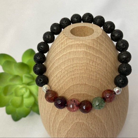Agate Gemstone and Lava Stone Stretch Beaded Bracelet - Picture 1 of 10